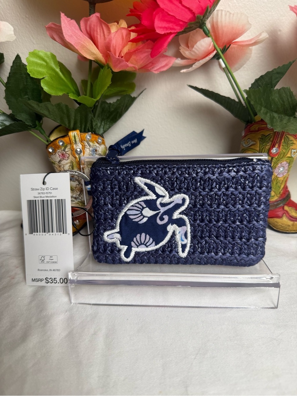 NWT Vera Bradley Steel Blue Medallion Straw Zip ID Case Card Case